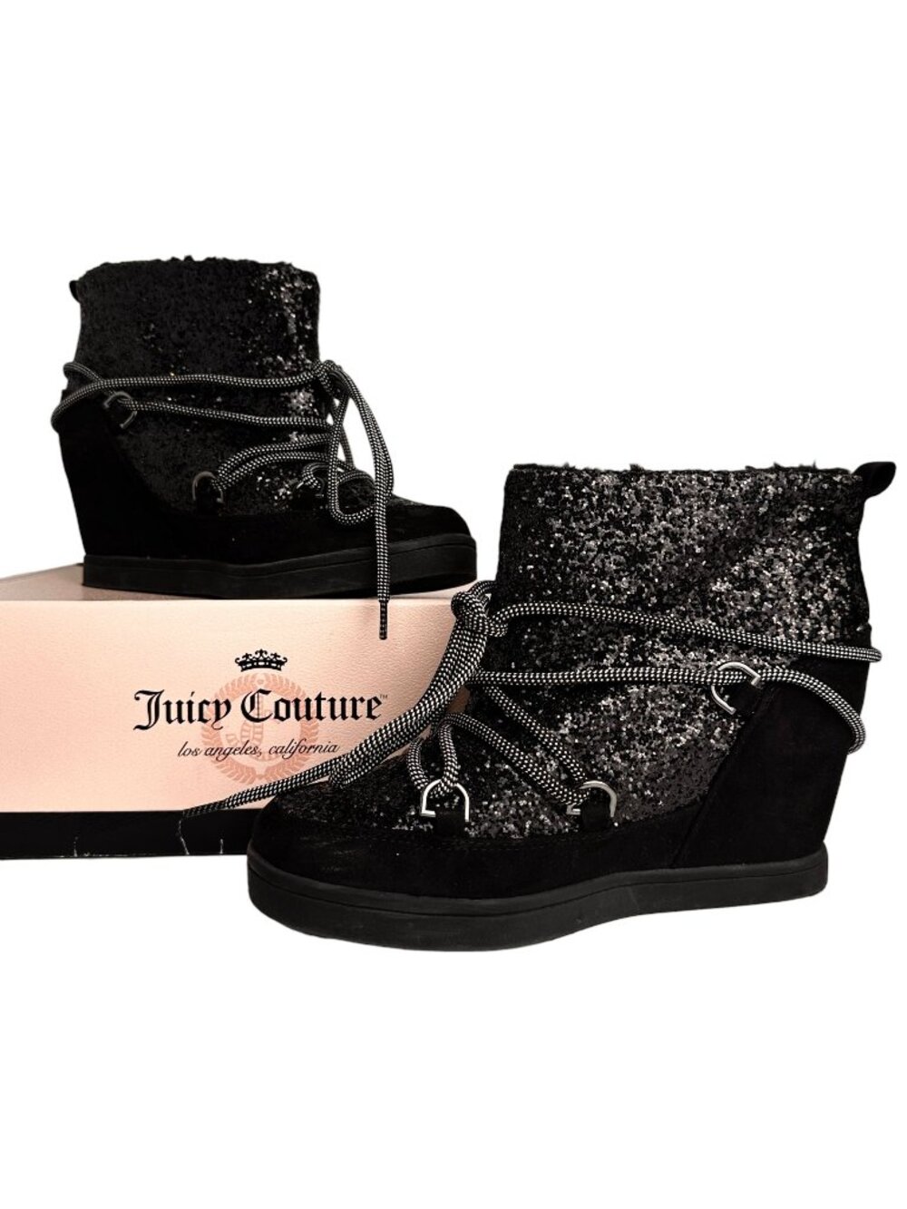 Juicy Couture Mareen Black Glitter Wedge Sneaker Boots Size 7 Y2K Faux Fur